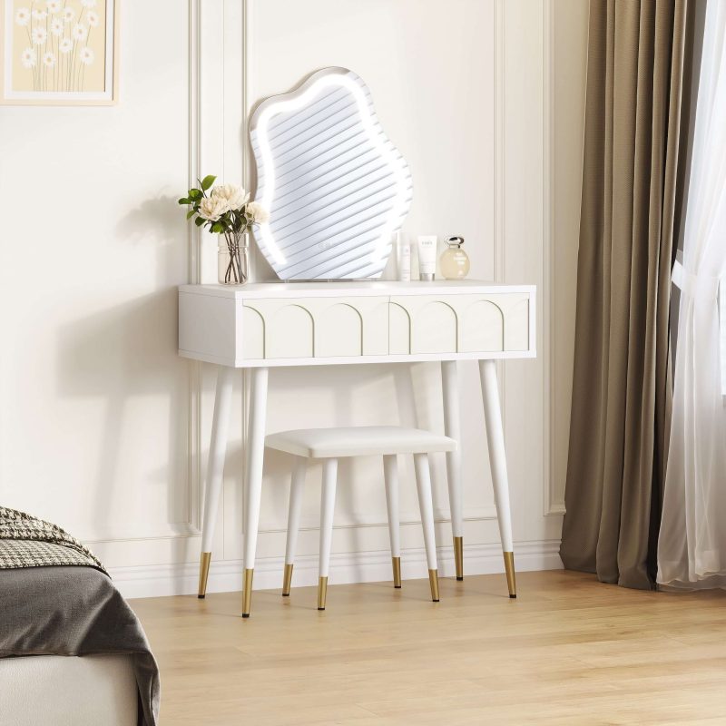 JASIWAY White Black 31.5in. Two Drawer Dresser with Mirror with Chair