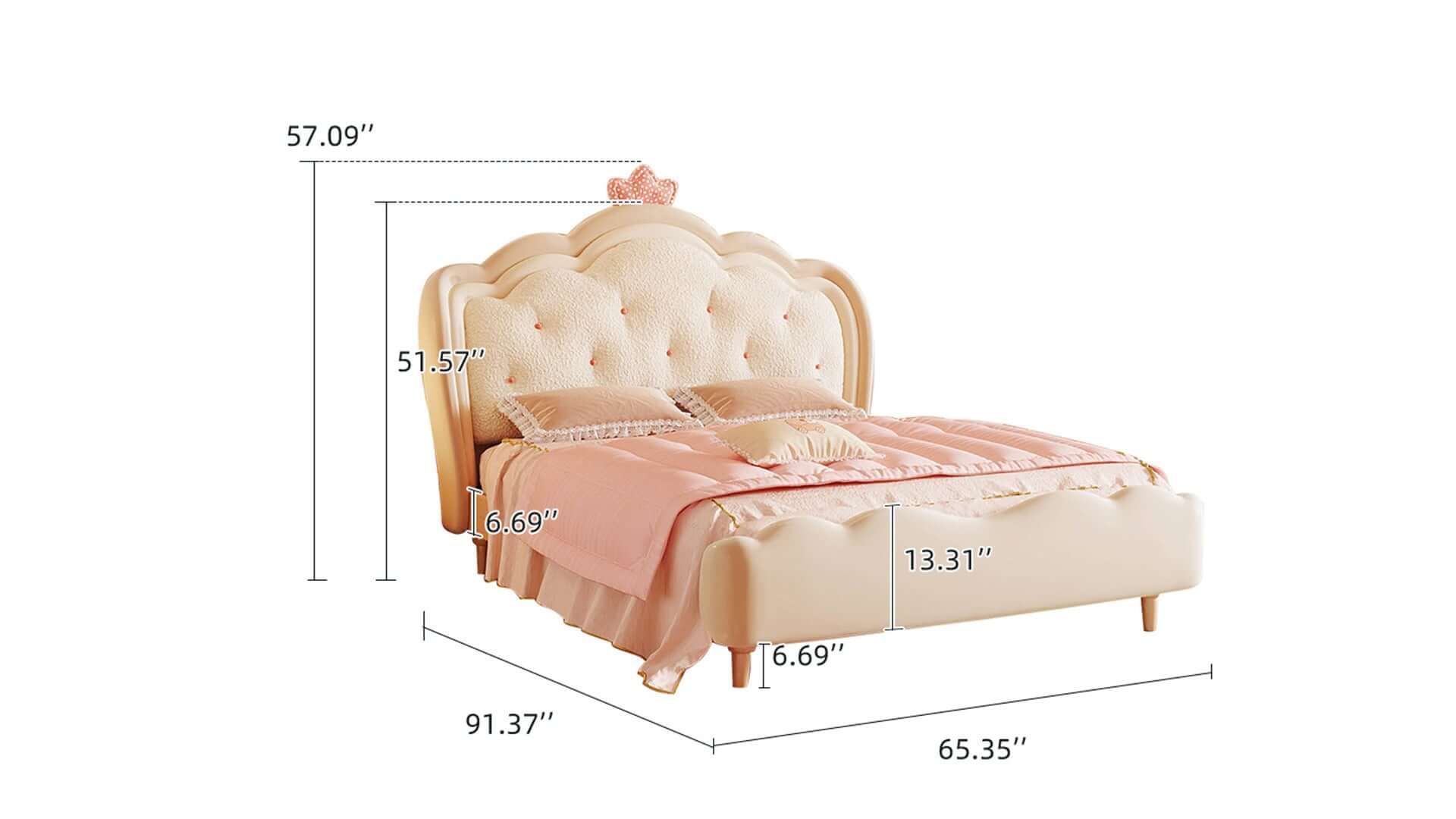 Dimension of Modern Cream Style Wooden Kids Princess Bed in Pink & White