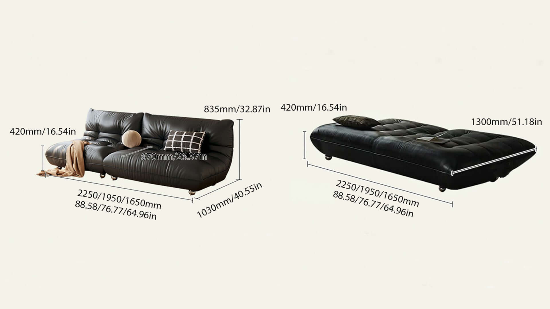 Dimension of Togo Style Leather Sleeper Sofa Bed without Arms