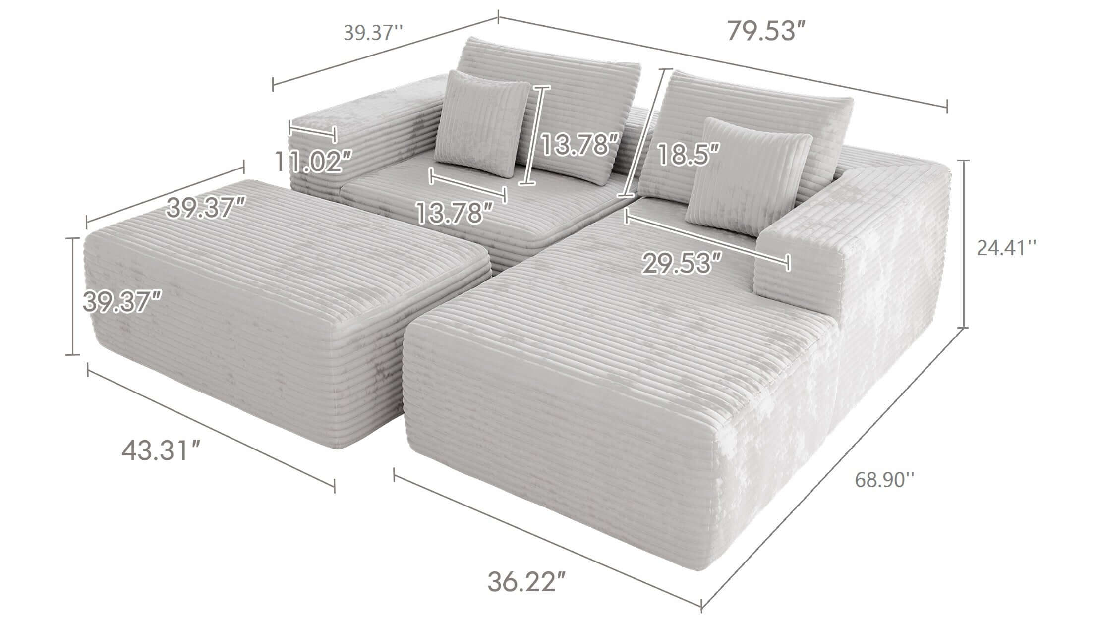 Dimension of L-shape Beige Color Corduroy Sofa with Ottoman