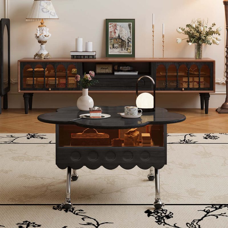 JASIWAY Retro Living Room Movable Coffee Table with Solid Wood Adjustable Petal Design