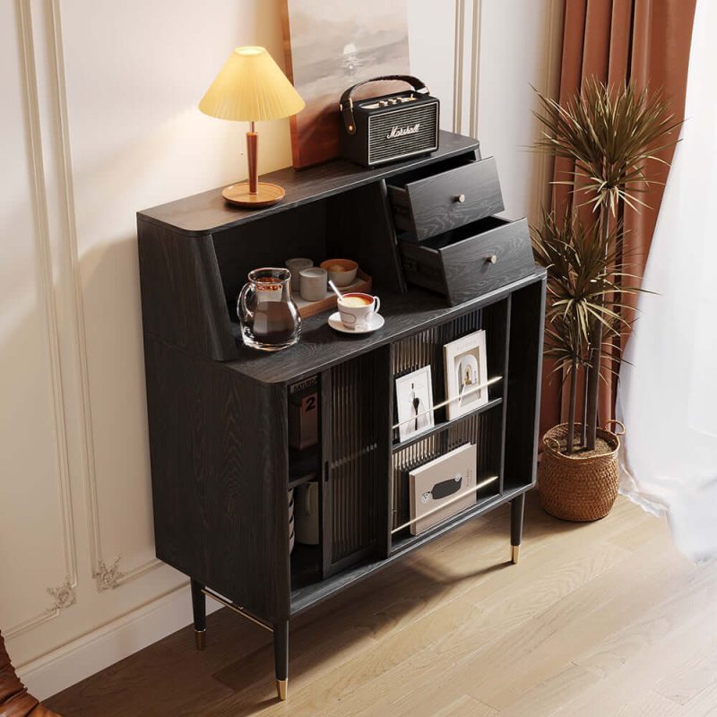 JASIWAY Black Side Cabinet Double Large Storages Sideboard