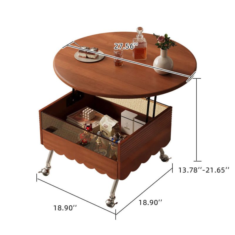 JASIWAY Retro Round Coffee Table with Multi-functionality Adjustable Height and Mobility