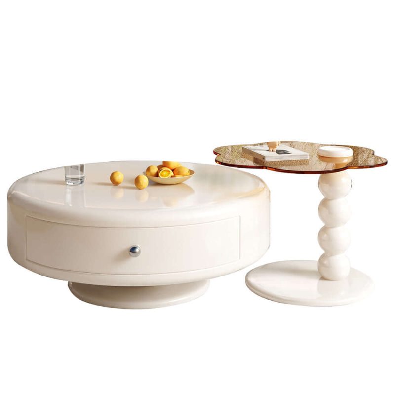 JASIWAY Round Rotating Nesting Coffee Table Set of 2 Tea Glass Side Table with 2 Drawers