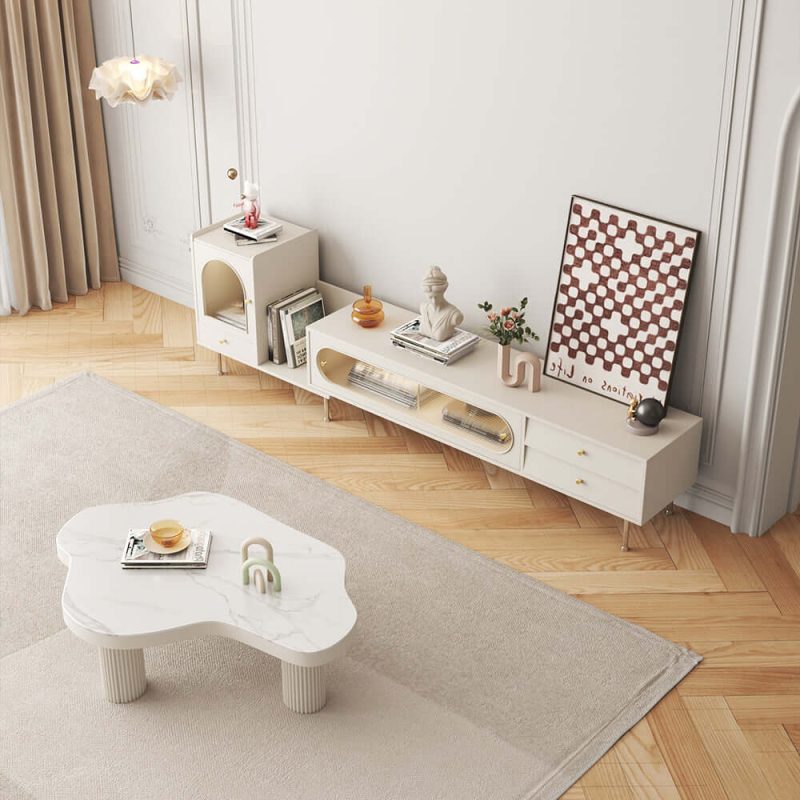 JASIWAY Rectangle Extendable TV Stand Sliding Glass Door with Bookshelf & 3 Storage Drawers