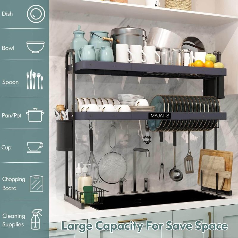 Over Sink Dish Drying Rack Stainless Steel 2 Tier Large Dish Drainer Above Sink Adjustable 27.5" - 34.6"
