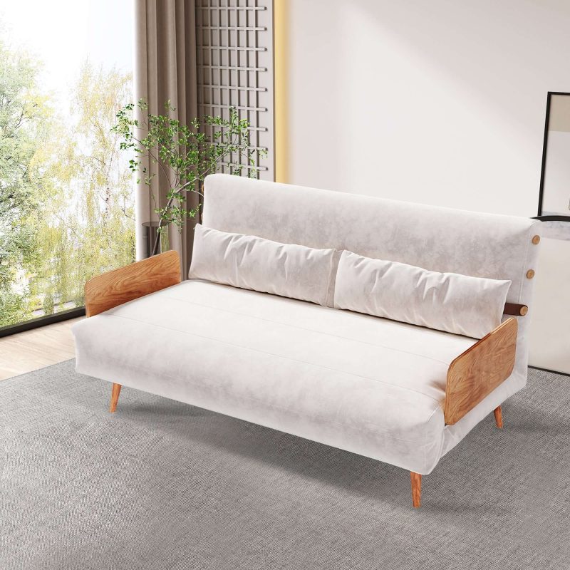 JASIWAY Beige & Brown Convertible Sofa Tech Fabric Upholstered Foldable Sofa