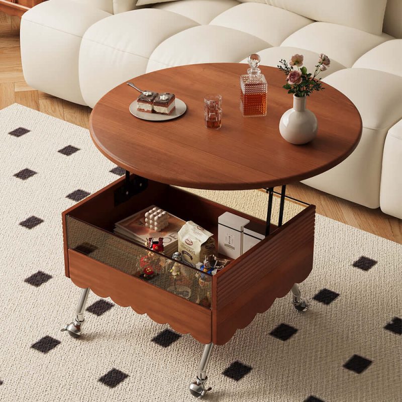 JASIWAY Retro Round Coffee Table with Multi-functionality Adjustable Height and Mobility