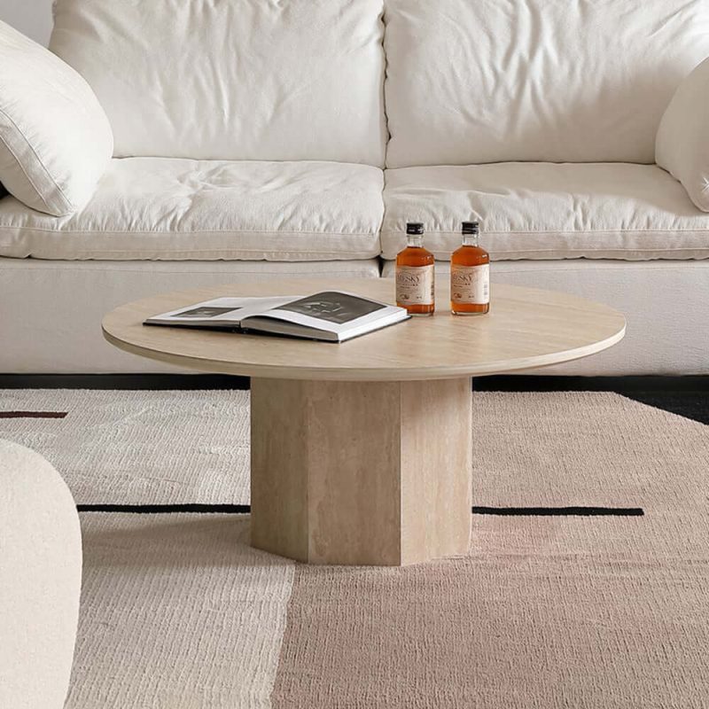 JASIWAY Japandi Round Coffee Table - Beige Travertine & Premium Wood