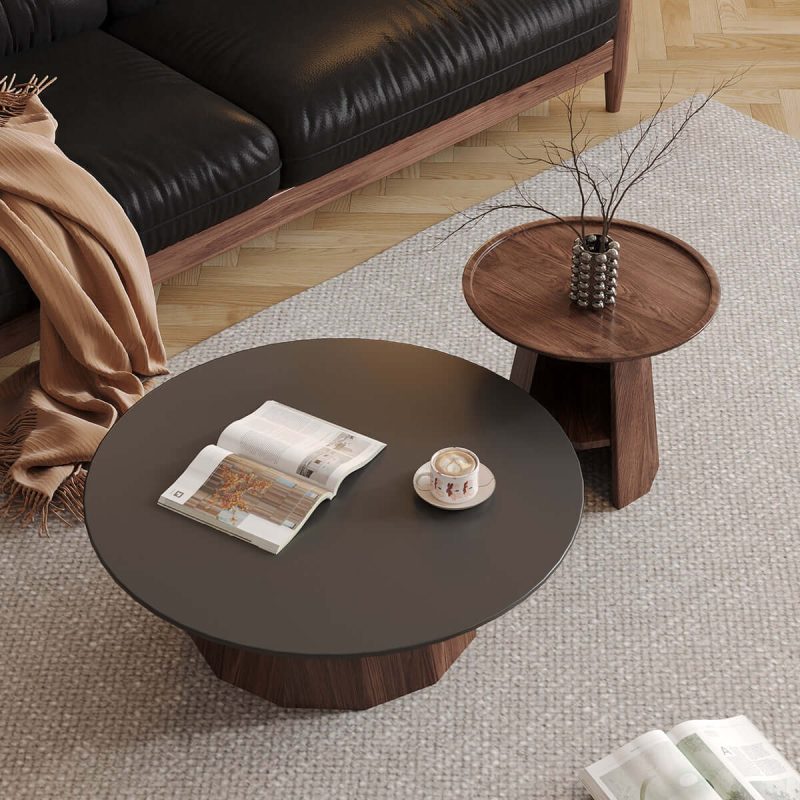 JASIWAY Round High-Low Combo Coffee Table Solid Wood Slate with Storage