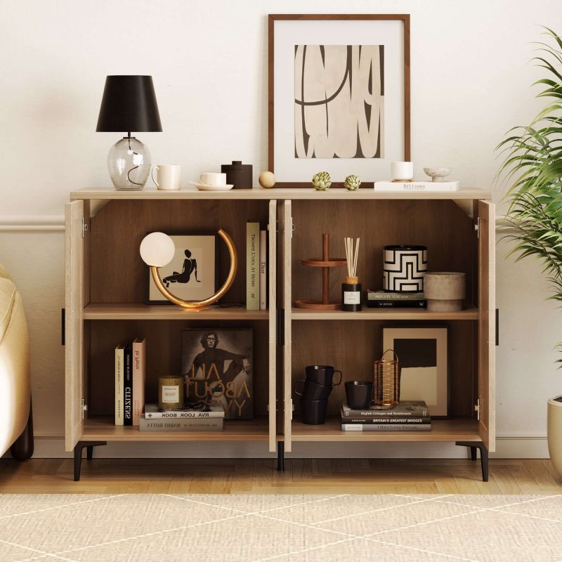 JASIWAY 48.42 Inch Sideboard Cabinet with Rattan Decorated 4-Doors