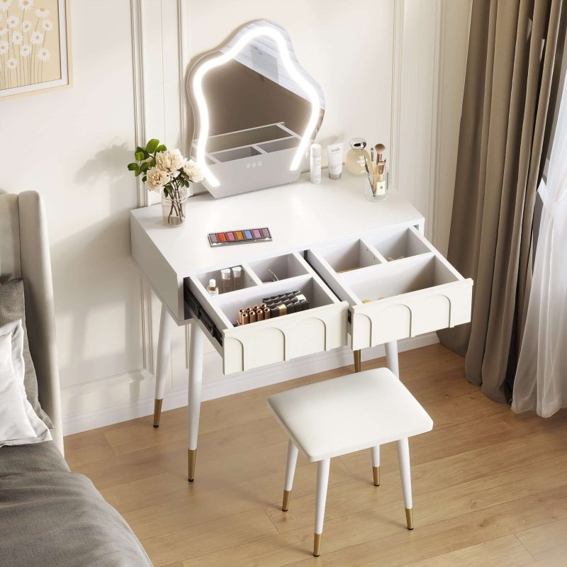 JASIWAY White Black 31.5in. Two Drawer Dresser with Mirror with Chair