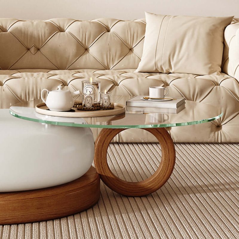 JASIWAY Modern Round Coffee Table – Glass Top & Solid Wood Leg