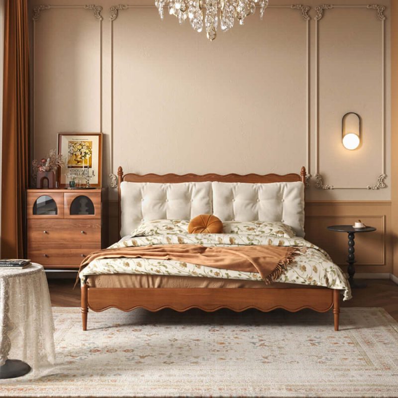 JASIWAY Vintage Solid Wood Master Bed with Upholstered Headboard