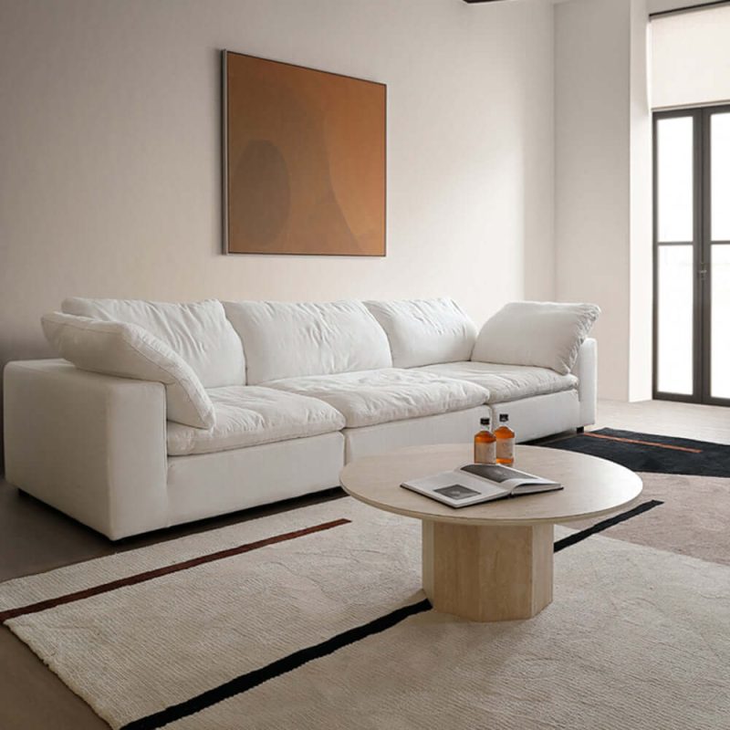 JASIWAY Japandi Round Coffee Table - Beige Travertine & Premium Wood