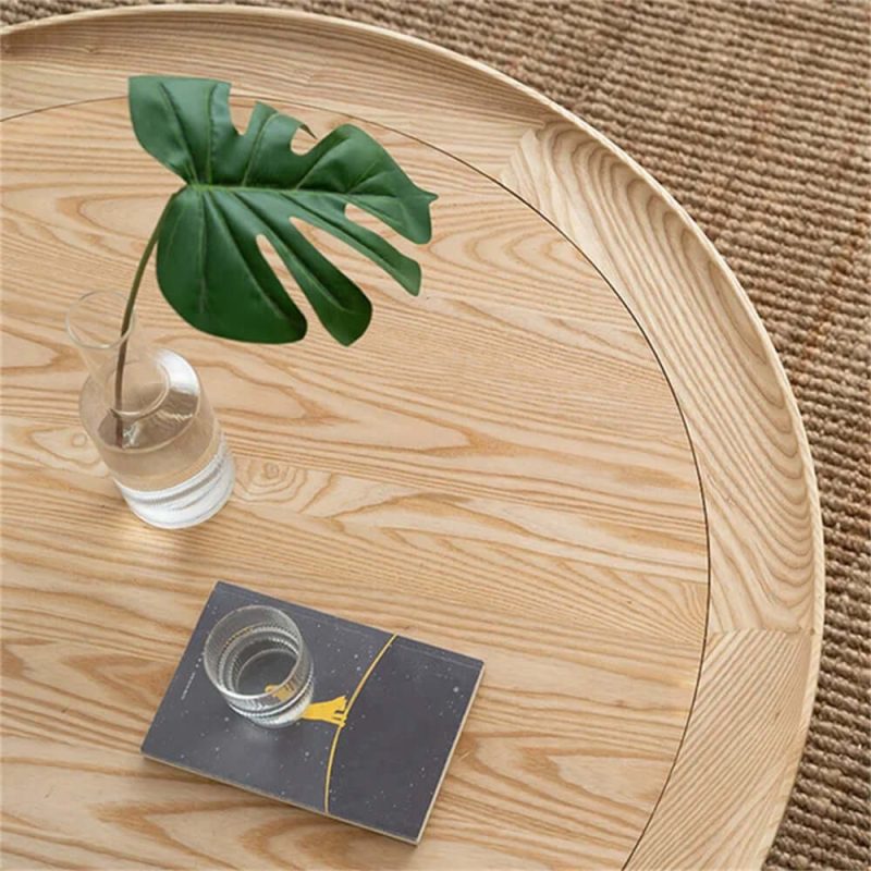 JASIWAY Solid Wood 2-Tiered Japandi Round Coffee Table with Rattan Base