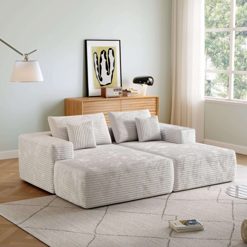 JASIWAY L-shape Beige Color Corduroy Sofa with Ottoman