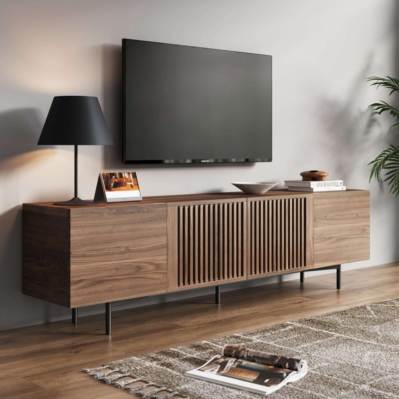 JASIWAY Minimalist TV Stand Slatted Media Console with 4 Doors Storage
