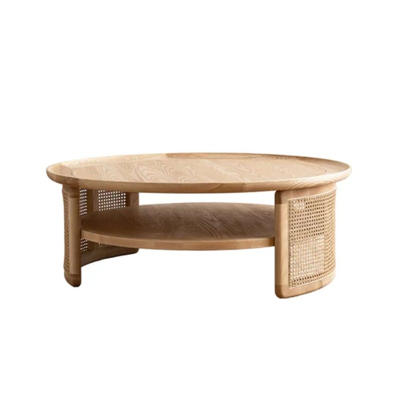 JASIWAY Solid Wood 2-Tiered Japandi Round Coffee Table with Rattan Base