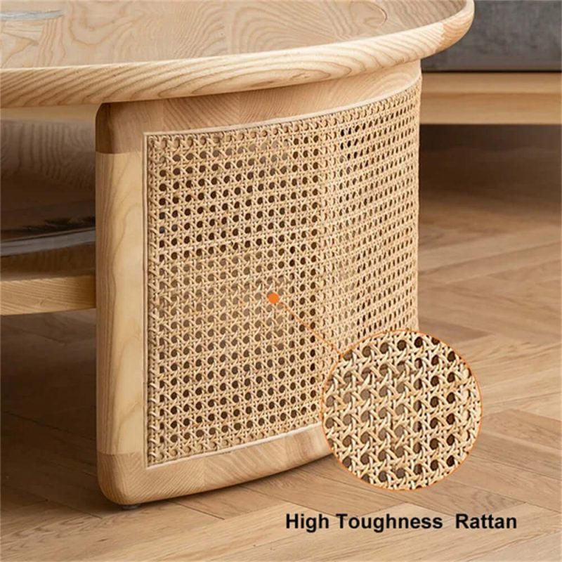 JASIWAY Solid Wood 2-Tiered Japandi Round Coffee Table with Rattan Base