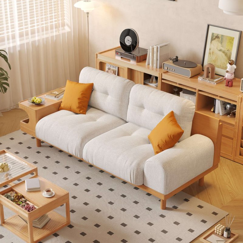 JASIWAY Japandi Wooden Base Sofa with Integrated Cat Den