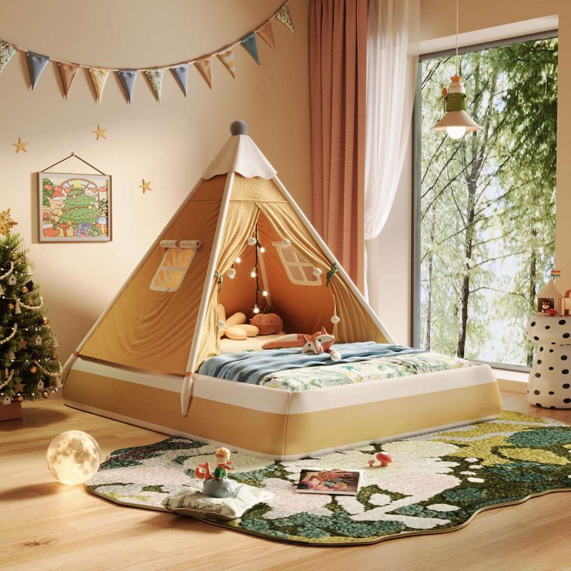 JASIWAY Christmas-Themed Upholstered Kids Tent Bed – Safe & Festive Play and Rest Space