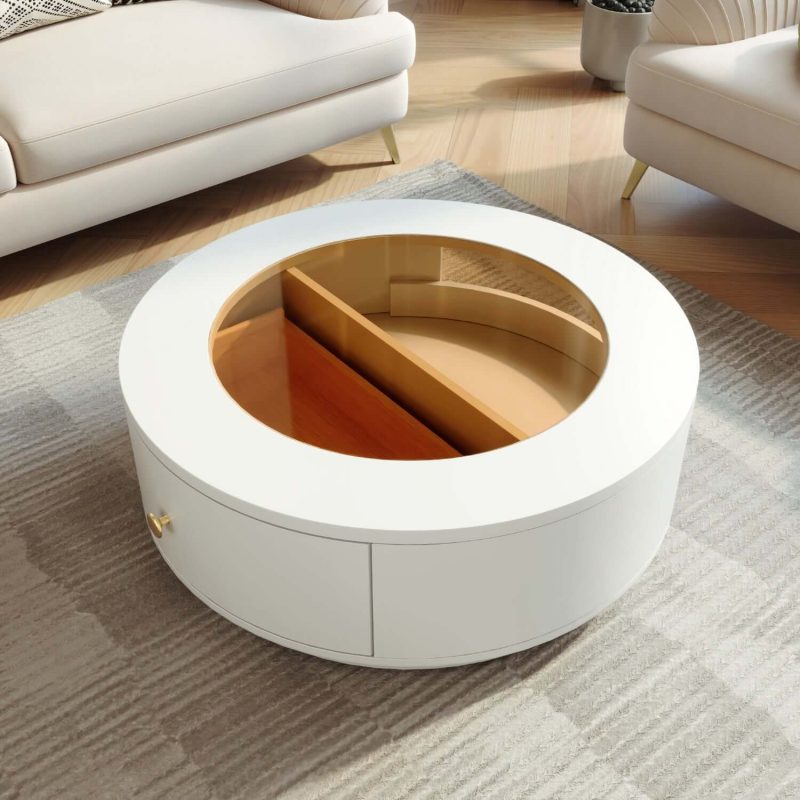 JASIWAY Luxury Glass Top Round Coffee Table with Drawers