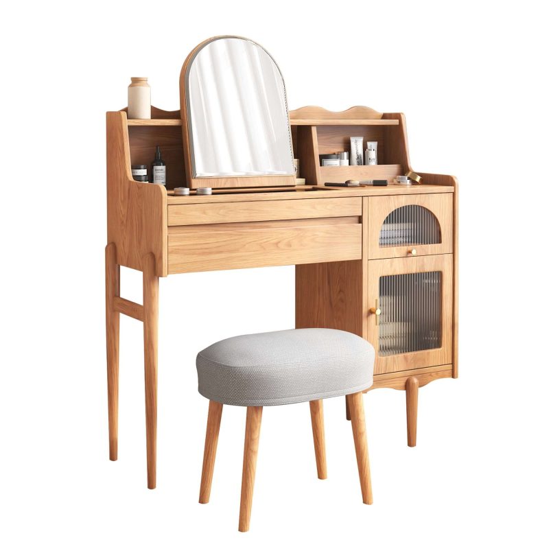 JASIWAY Wooden Makeup Vanity Table with Dressing Mirror & Drawers & Side Cabinet