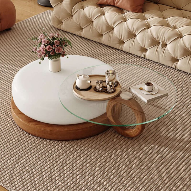 JASIWAY Modern Round Coffee Table – Glass Top & Solid Wood Leg