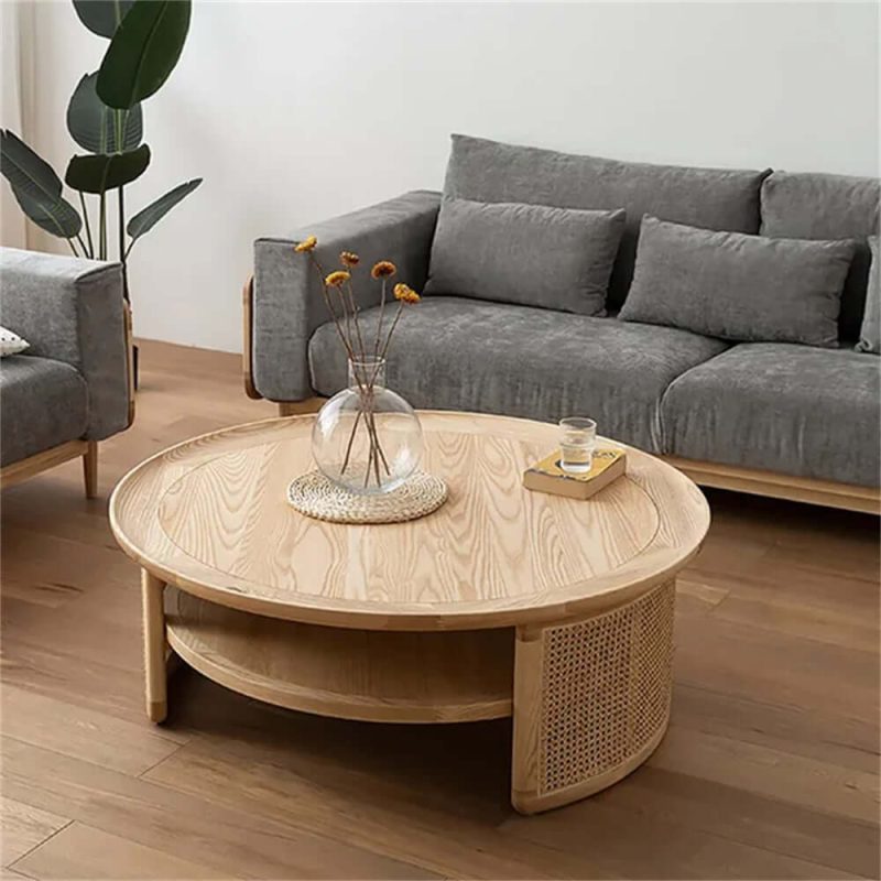 JASIWAY Solid Wood 2-Tiered Japandi Round Coffee Table with Rattan Base
