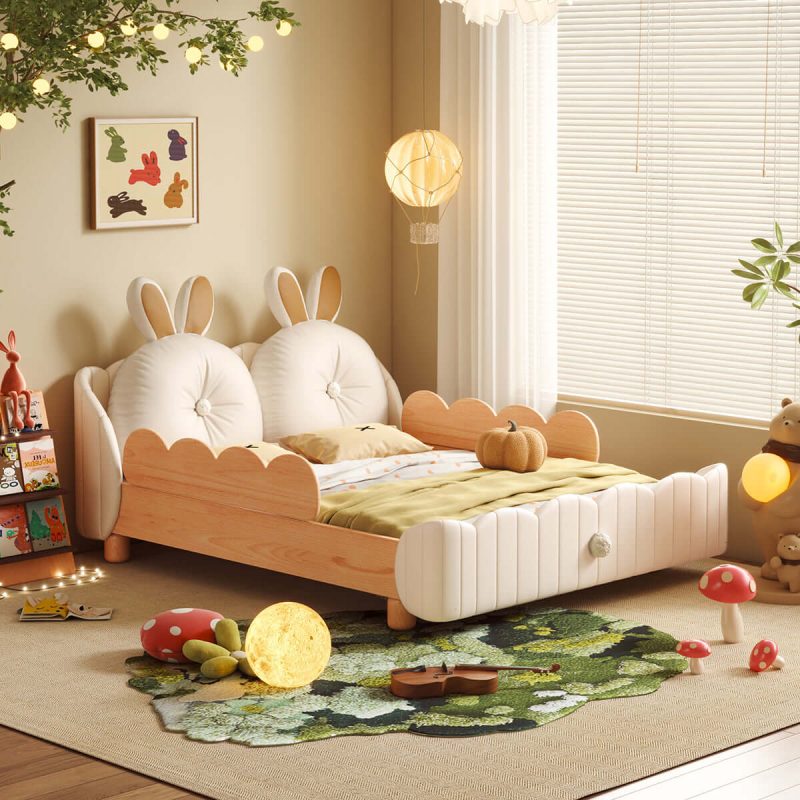 JASIWAY Solid Wood Kids Bed with Rabbit Cartoon Cushion & Guardrail