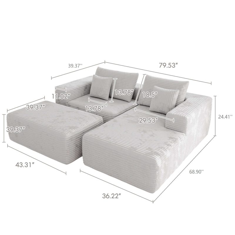 JASIWAY L-shape Beige Color Corduroy Sofa with Ottoman