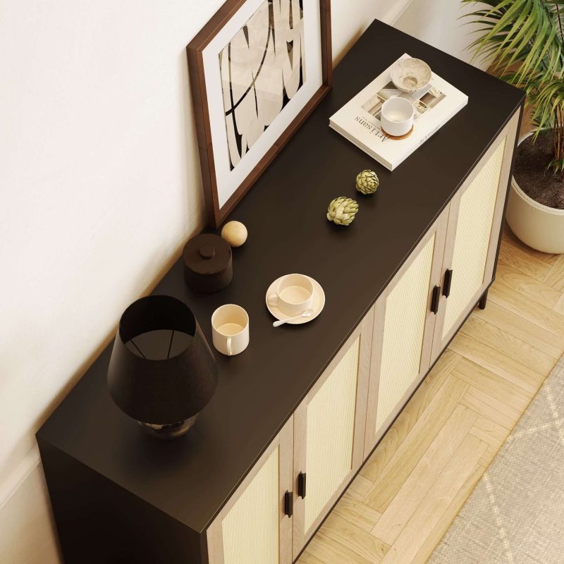 JASIWAY 48.42 Inch Sideboard Cabinet with Rattan Decorated 4-Doors