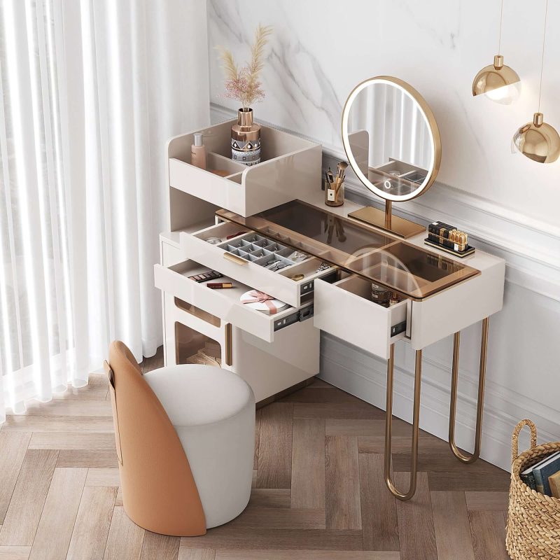 JASIWAY White Makeup Vanity Glass Tabletop Dressing Table with Open Storage Compartment & Drawers & Cabinet