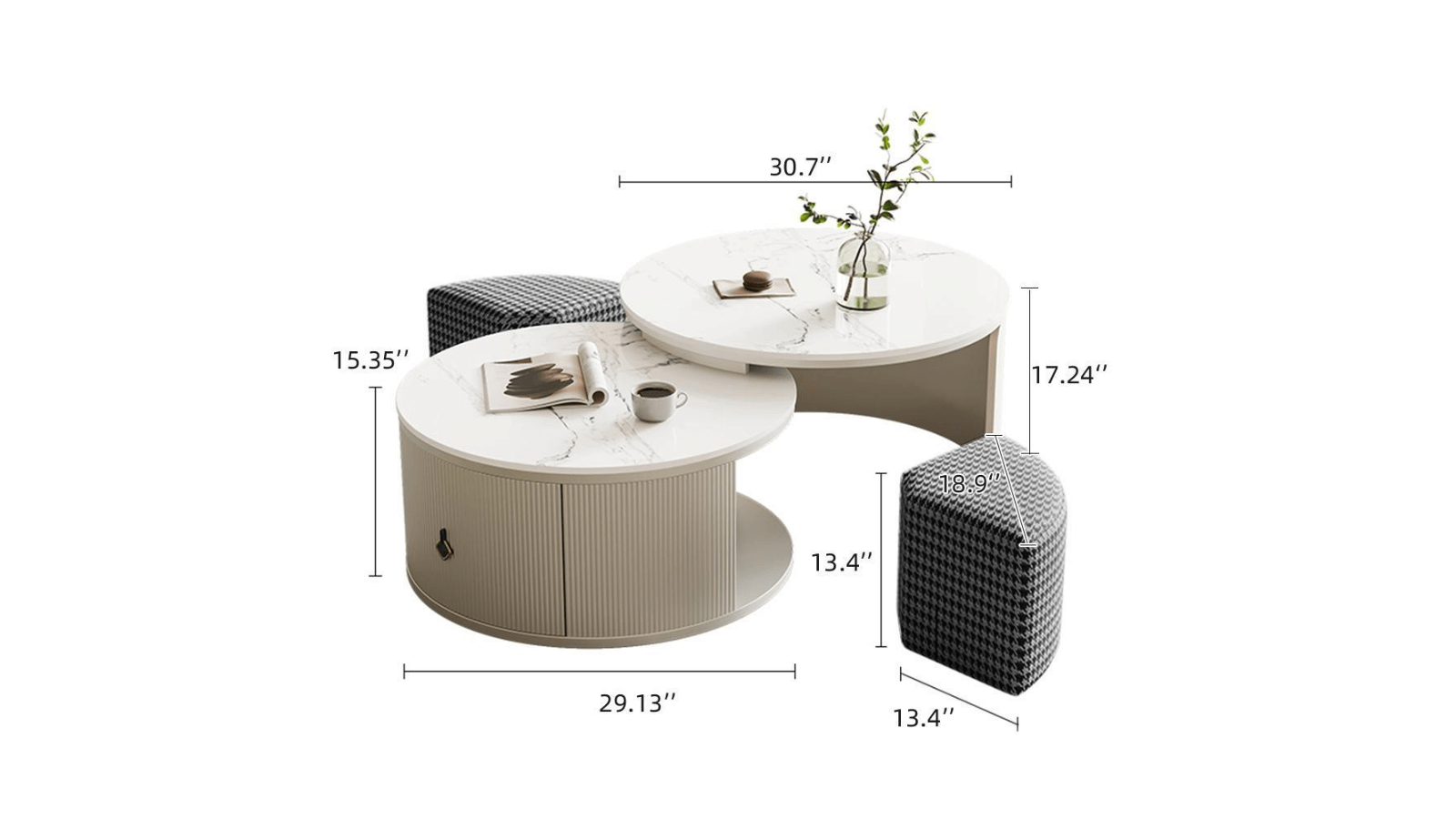 Dimension of Sintered Stone Top Coffee Table with Footstool