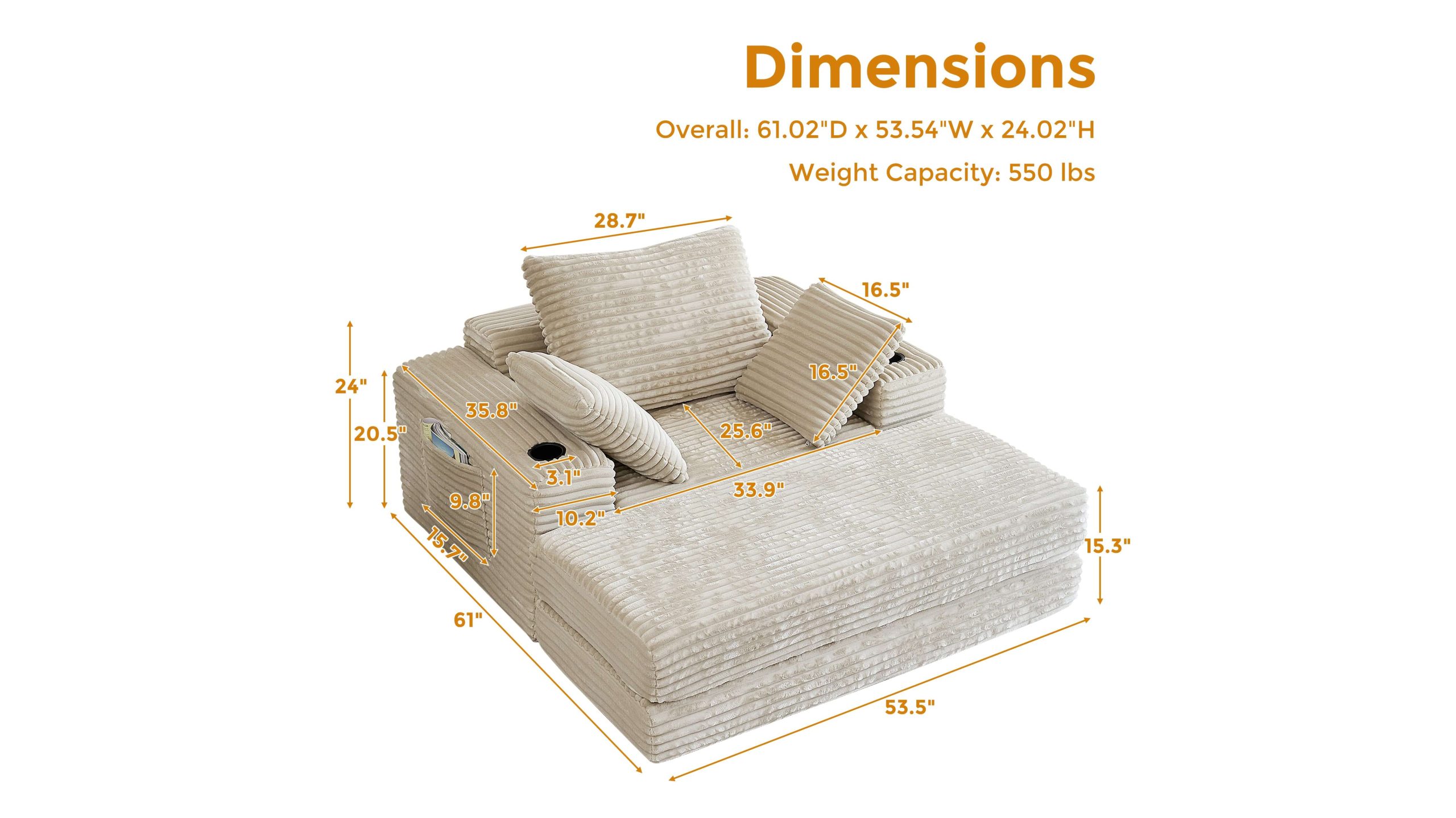 Dimension of 53.5” Modern Oversize Chaise Lounge Sofa Bed