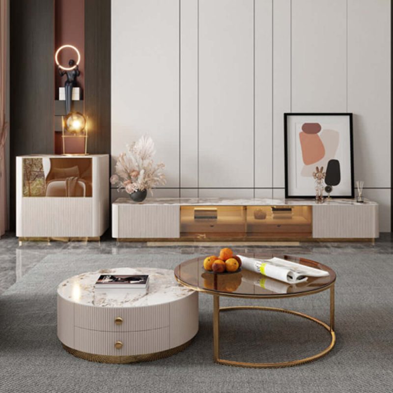 JASIWAY Modern Round Coffee Table Set Sintered Stone with 2 Drawers & Metal Legs