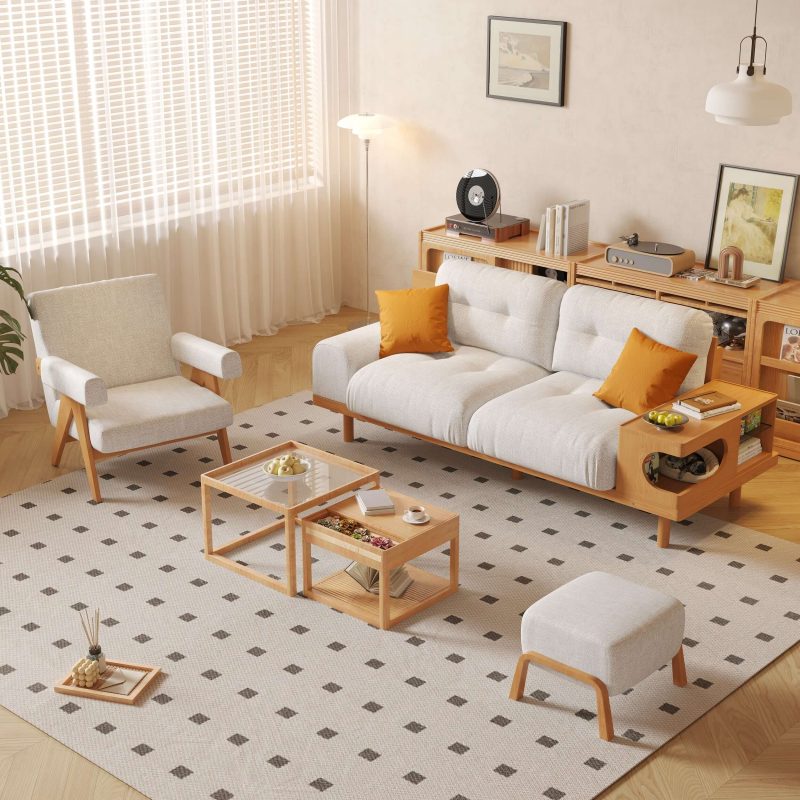 JASIWAY Japandi Wooden Base Sofa with Integrated Cat Den