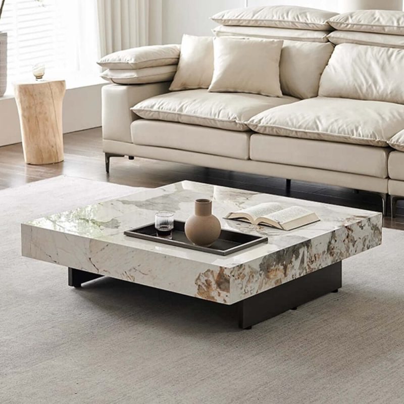 JASIWAY Luxury Square Marbling Coffee Table with Metal Legs