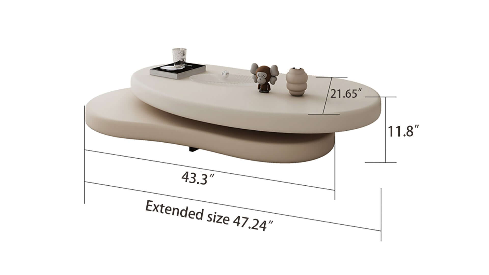 Dimension of Minimalist Rotatable Coffee Table with Unique Oval Design - Off-white & Beige Elegance