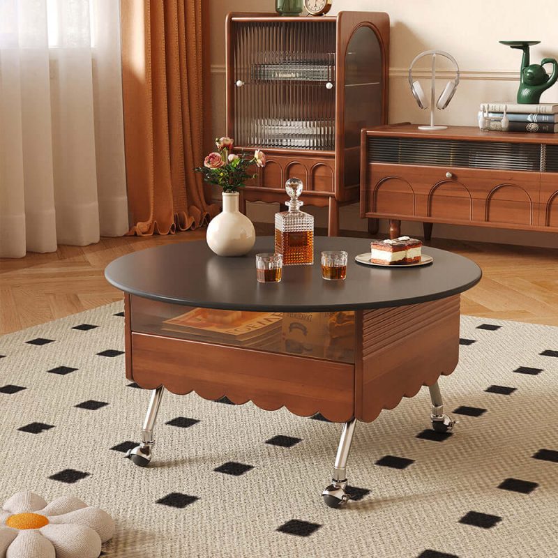 JASIWAY Retro Round Coffee Table with Multi-functionality Adjustable Height and Mobility