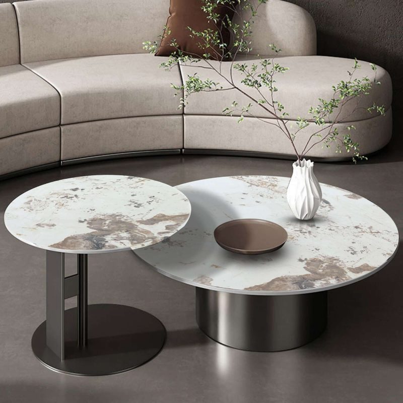 JASIWAY Black & Gold Round Nesting Coffee Table with Sintered Stone Top