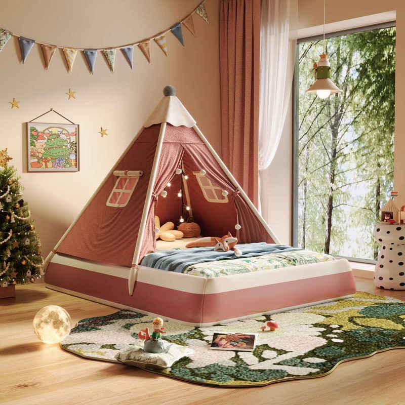 JASIWAY Christmas-Themed Upholstered Kids Tent Bed – Safe & Festive Play and Rest Space