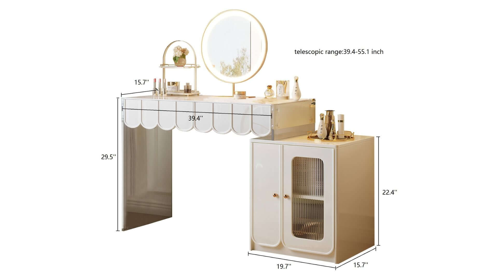 Dimension of Modern White Makeup Vanity with Drawers & Side Cabinet