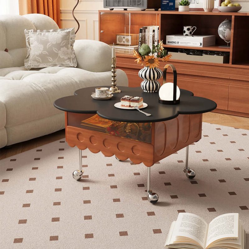 JASIWAY Retro Living Room Movable Coffee Table with Solid Wood Adjustable Petal Design