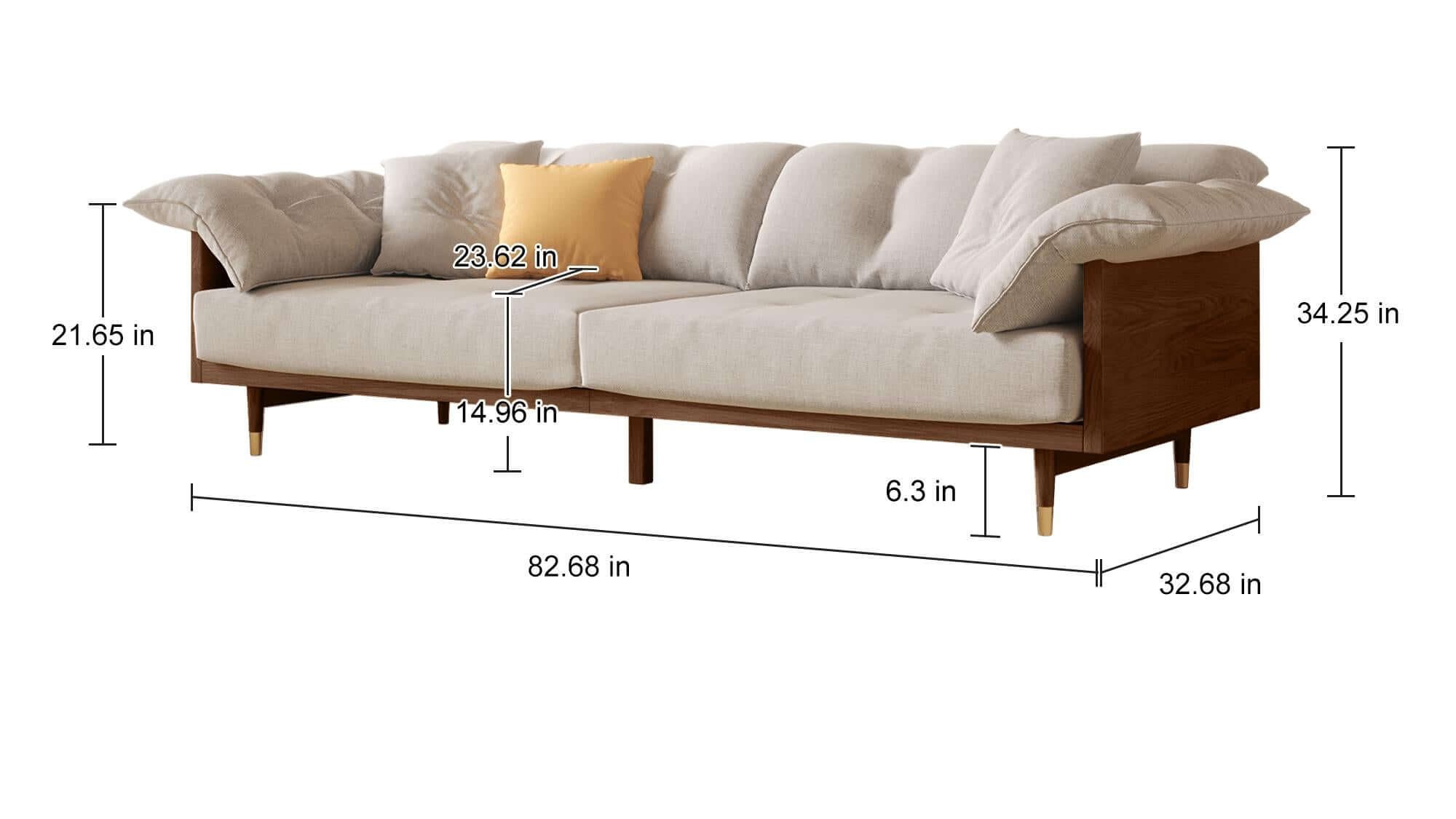 Dimension of Modern 3-Seat Upholstered Cotton Linen Sofa Solid Wood Frame Sofa