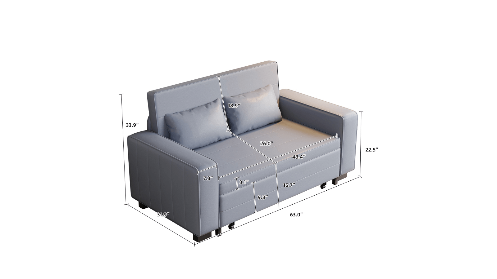 Dimension of 63" Pull-out Sleeper Sofa Bed with Storage