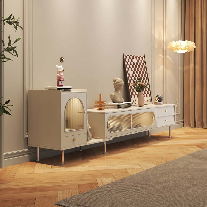 JASIWAY Rectangle Extendable TV Stand Sliding Glass Door with Bookshelf & 3 Storage Drawers