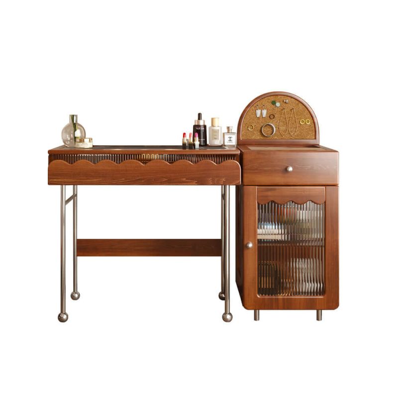 JASIWAY Freely Combinable Solid Wood Makeup Table with Cabinet & LED Mirror