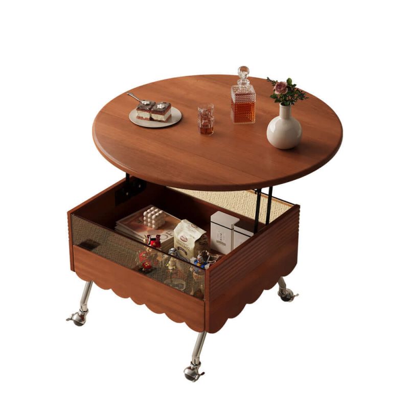 JASIWAY Retro Round Coffee Table with Multi-functionality Adjustable Height and Mobility